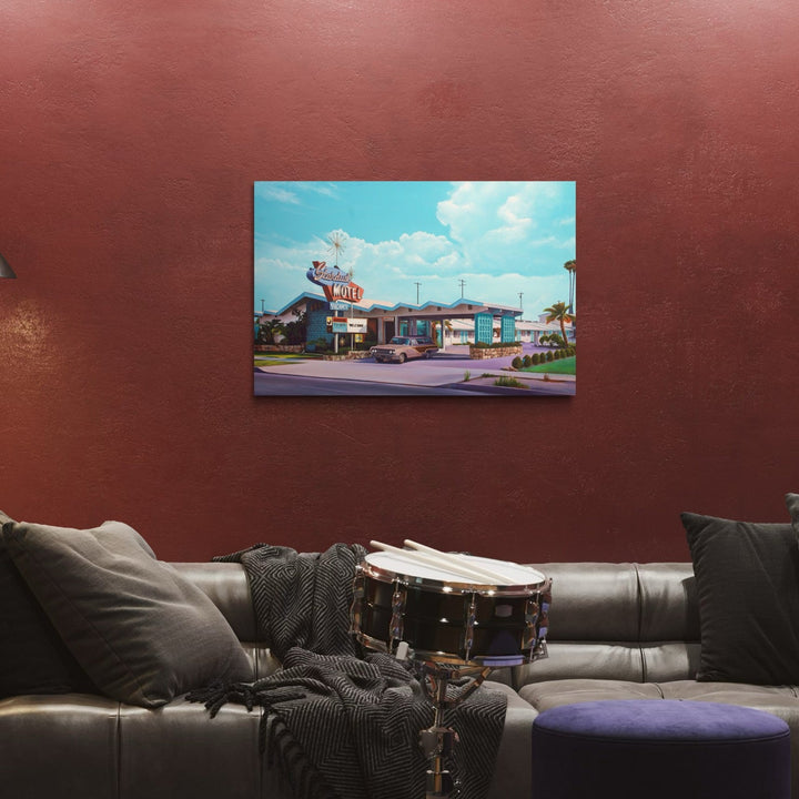 A photo of the artwork STARDUST MOTEL , by Alex Devereux, hanging on a wall.