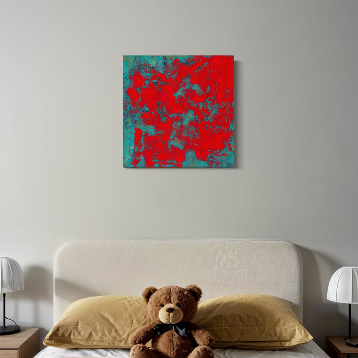 The artwork 'Scarlet Reef' by Nicole Hitchcock features a vibrant abstract composition with bold scarlet red dominating the canvas, complemented by turquoise blue accents. The acrylic painting showcases a textured, dynamic pattern reminiscent of coral formations, with organic shapes and weathered effects creating depth on the 24x24 inch square canvas.