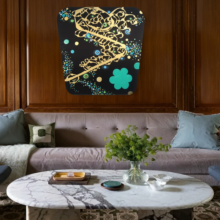 The artwork 'Seraphim Steps' by Eric Jiaju Lee features a dynamic golden spiral pattern against a deep black background, accented with ethereal turquoise dots and floral shapes. Delicate speckles of blue and mint create a celestial atmosphere, while the luminous gold brushstrokes on silk suggest ascending movement. The 40x40 inch acrylic painting combines Asian-inspired aesthetics with contemporary abstract expressionism by Eric Jiaju Lee.