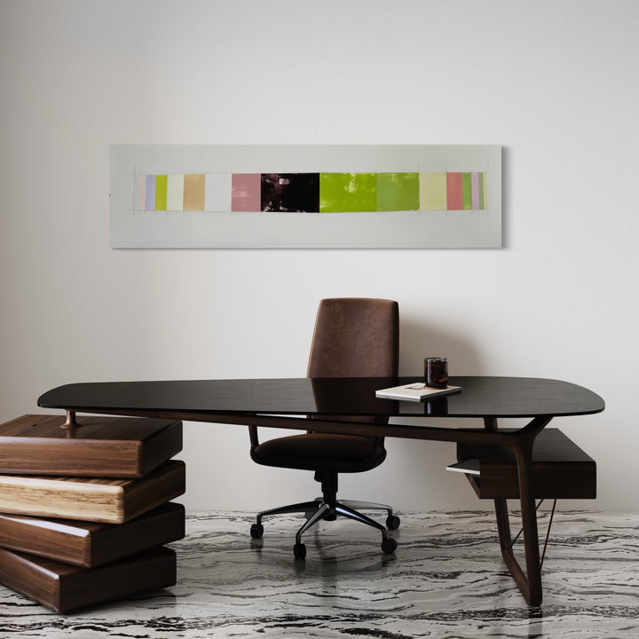 The artwork 'Spring Atmosphere' by Debra Ramsay features a horizontal composition of harmonious color blocks in soft pastels, including gentle yellows, pinks, and lime greens, with a bold black accent, painted in acrylic on polyester resin film. The minimalist piece, mounted on a white background, creates a serene linear progression spanning 76 inches in width.