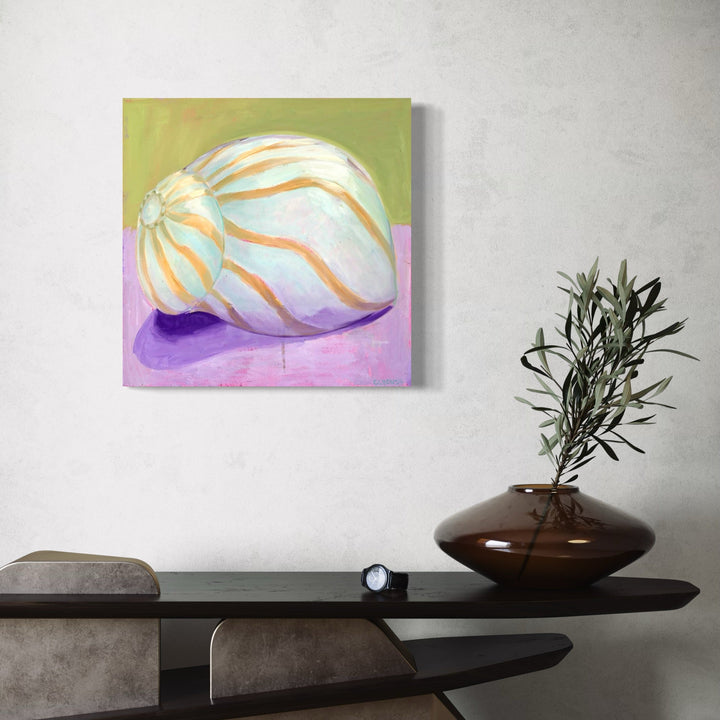 A photo of the artwork Striped shell, by Cristi Lyon, hanging on a wall.