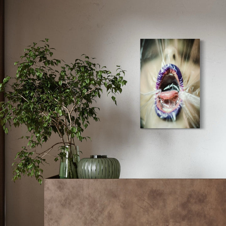 The artwork 'Suffocation' by Cavier Coleman features a striking close-up photograph of an open mouth with vibrant purple and pink tones against a soft, blurred beige background. The image shows dramatic lighting and detailed texture, mounted on a white wall beside a green potted plant and decorative vase. The photographic artwork measures 24x36 inches.