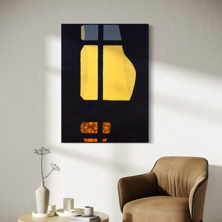 Sunrise in the West 13 by Cora Jane Glasser features bold geometric shapes in striking yellow and orange against a deep black background. The abstract composition suggests a modernist window view, with sharp-edged forms creating a sense of architectural space. Oil on Arches paper mounted on plexi captures rich color contrasts and clean lines.