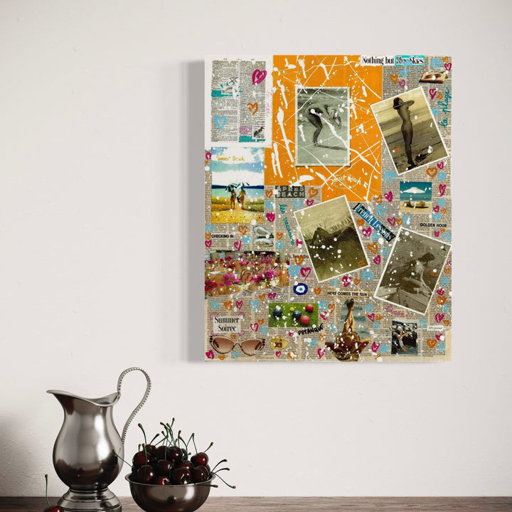 The artwork 'Sunset Love' by Jean-Remi Barbier features a vibrant mixed-media collage combining vintage photographs, colorful newspaper clippings, and decorative elements. Orange and teal accents punctuate the composition, with scattered floral motifs and geometric patterns. The piece showcases a nostalgic scrapbook aesthetic with layered textures and vintage ephemera presented on canvas by Jean-Remi Barbier.