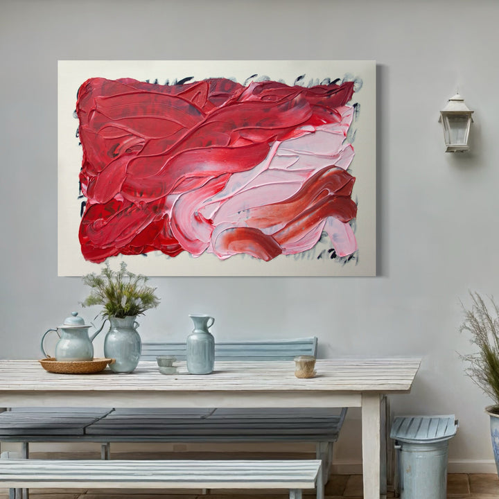 The artwork 'Suspiro 611' features bold, textural brushstrokes in vibrant shades of red and pink creating dynamic swirling patterns. The acrylic painting on canvas showcases thick impasto technique with fluid, wave-like movements across the composition. White undertones provide contrast and depth to the passionate red palette. By Carin Kulb Dangot.