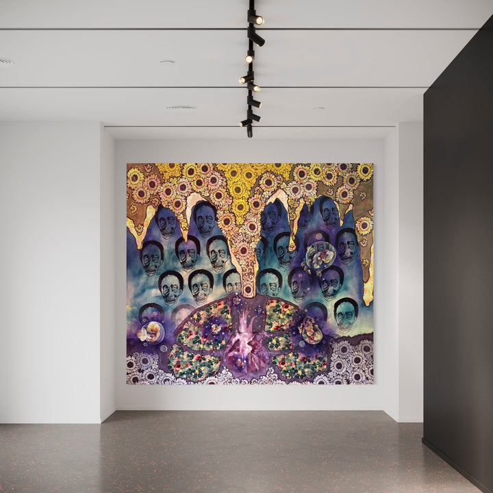 The artwork 'Sweatlodge' by Laurie Shapiro features a mesmerizing composition with repeating ethereal figures in shades of blue and purple, surrounded by vibrant yellow circular patterns. The center showcases a butterfly-like form decorated with intricate floral motifs, created using water-based paints and screen printing techniques on muslin, measuring 122x125 inches. By Laurie Shapiro.