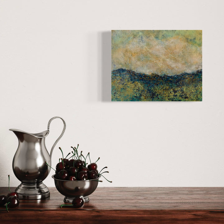 A photo of the artwork Tempered Storm, by Cynthia Sumner, hanging on a wall.