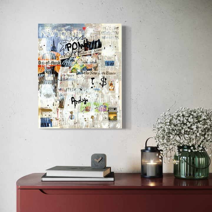 The artwork 'The New Yorker' by Jean-Remi Barbier features a graffiti-style mixed media composition on a weathered magazine cover. Abstract text elements, dollar symbols, and urban scrawls blend across a faded white background, creating a contemporary street art aesthetic. Limited edition print measuring 24.75 x 19.75 inches by Jean-Remi Barbier.