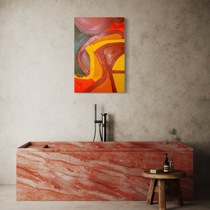 The artwork 'The Observer Effect' by Genevieve Antonello features sweeping abstract curves in vibrant orange, yellow, and deep red tones against a moody grey background. The oil painting's fluid forms create dynamic movement across the board, showcasing bold brushstrokes and organic shapes that interweave in a harmonious modern composition. 36x24 inches oil on board by Genevieve Antonello.