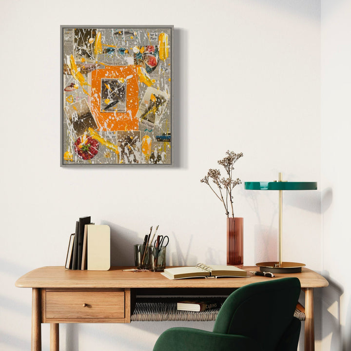 The artwork 'The Sunsetter' by Jean-Remi Barbier features a vibrant mixed media composition with a striking orange central shape against a textured gray background. Vintage photographs and dynamic spray paint elements create an urban collage effect, layered with acrylic details and abstract forms in yellow, red, and black tones, all contained within a floating frame.