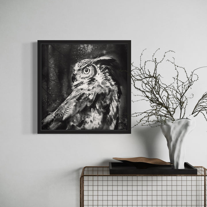 The artwork, The Great Horned Owl, by Catherine Lencke, displayed in a room.