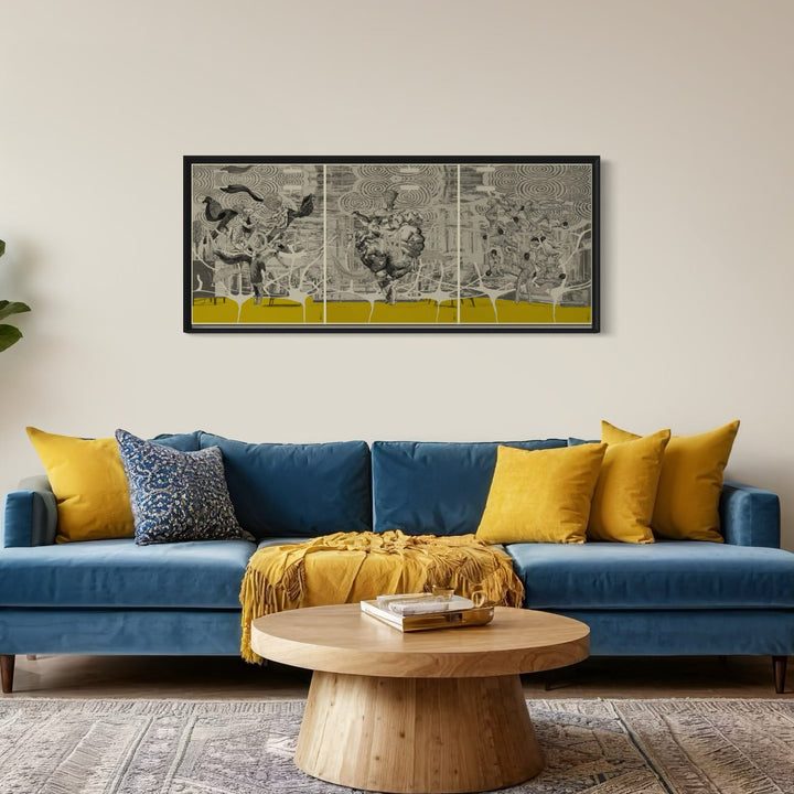 Three States of Being Triptych by Steve Moors: A striking monochromatic triptych artwork featuring abstract geometric patterns and fluid forms in black and white, set against a vibrant yellow base. The three-panel composition displays intricate, dynamic movement across a horizontal format, mounted in a sleek black frame, printed on museum-grade paper.