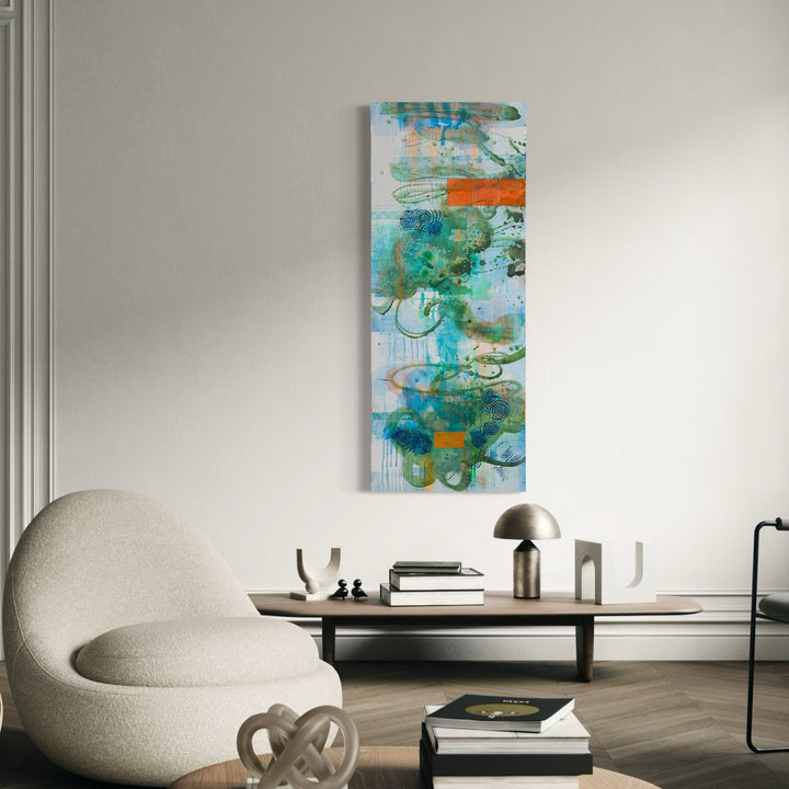 The artwork 'Thru the Clouds 1' by Lisa Petker Mintz features a vertical abstract composition with swirling aqua and turquoise brushstrokes intermingled with vibrant orange accents. Dynamic fluid patterns and ethereal textures create a dreamy, atmospheric effect on canvas, suggesting movement through cloudy skies. White underlays and dripping effects add depth to this 60x24 inch acrylic painting.