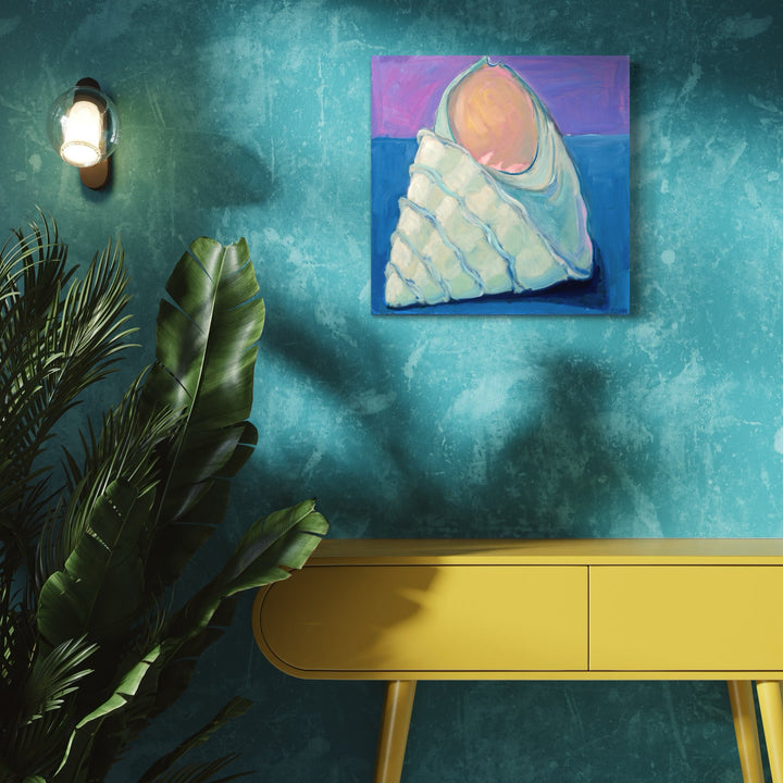 A photo of the artwork Triangle shell, by Cristi Lyon, hanging on a wall.