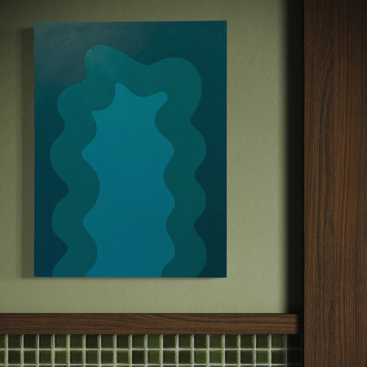 A photo of the artwork Turquoise , by Shadia Sabagh, hanging on a wall.