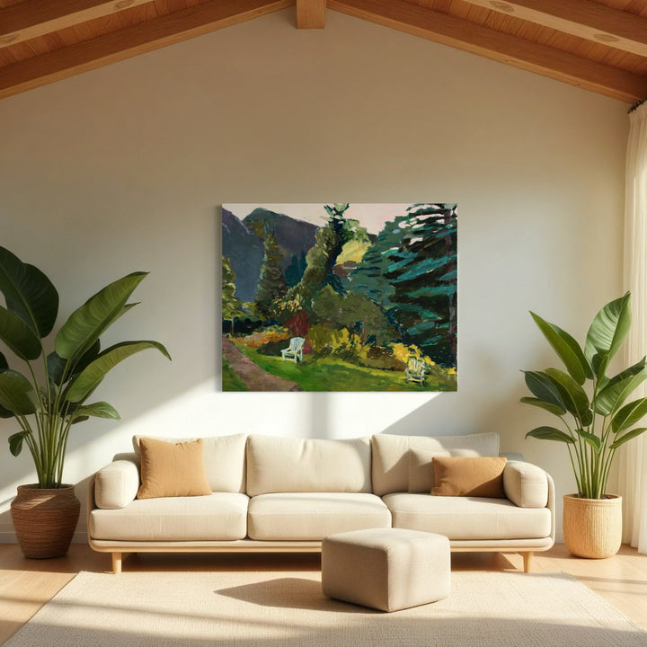 The artwork 'Two Chairs' by Marianne Barcellona captures a serene garden scene with white Adirondack chairs nestled among lush greenery. The oil painting features vibrant emerald trees, distant blue mountains, and a winding garden path. Bold brushstrokes create texture in the foliage, while warm sunlight illuminates the peaceful outdoor setting, sized 48x60 inches.