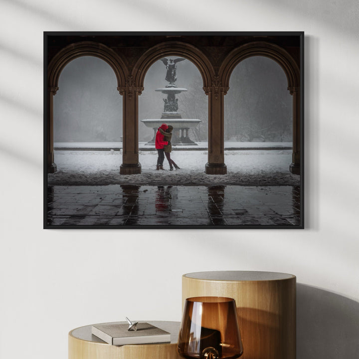 A photo of the artwork Two Souls Beneath the Winter Arch, by Dennis Maida, hanging on a wall.