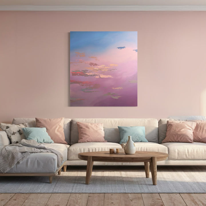 The artwork 'Untitled' by Sofia Echa features a dreamy abstract skyscape with blending pastel hues of pink, purple, and soft blue. The composition showcases ethereal clouds with subtle golden accents, creating a serene atmospheric effect on acrylic canvas. The large-scale 58x52-inch painting captures a tranquil sunset-like ambiance with seamless color transitions by Sofia Echa.