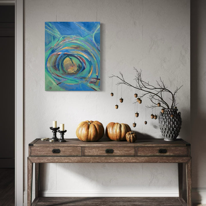 A photo of the artwork Vortex Redone, by Beth Barry, hanging on a wall.