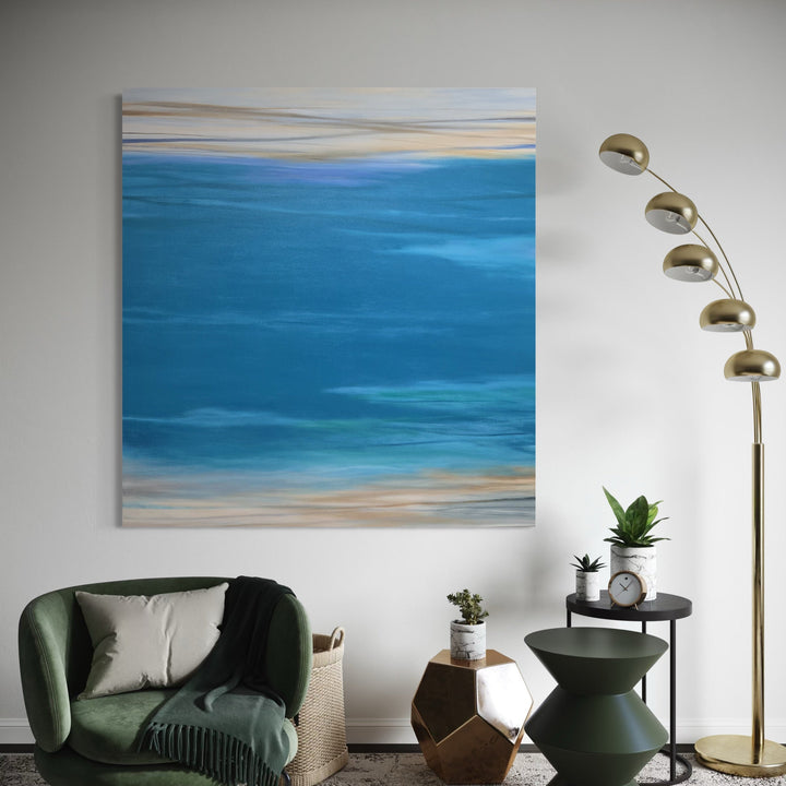 A photo of the artwork Waves #107, by Bob Melzmuf, hanging on a wall.