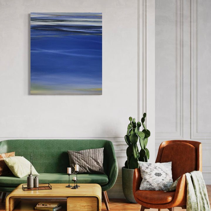 A photo of the artwork Waves #108, by Bob Melzmuf, hanging on a wall.