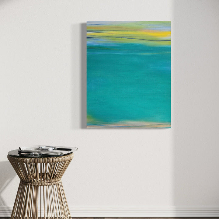 The artwork 'Waves #98' by Bob Melzmuf features a serene abstract seascape with vibrant turquoise waters dominating the canvas. Horizontal bands of yellow and soft green blend at the horizon, creating an ethereal coastal atmosphere. The oil painting's smooth brushstrokes and gradient transitions capture the tranquil essence of ocean waves.