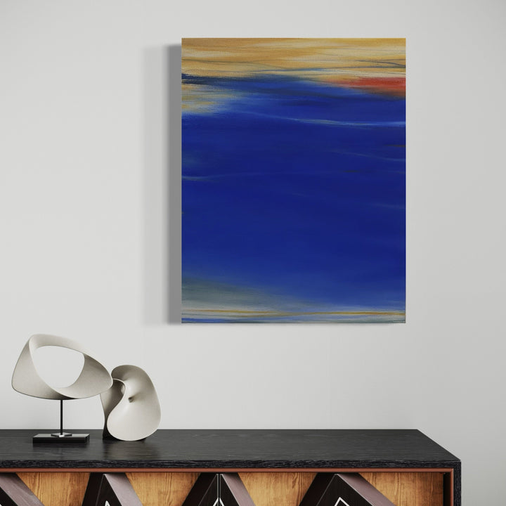 A photo of the artwork Waves #99, by Bob Melzmuf, hanging on a wall.