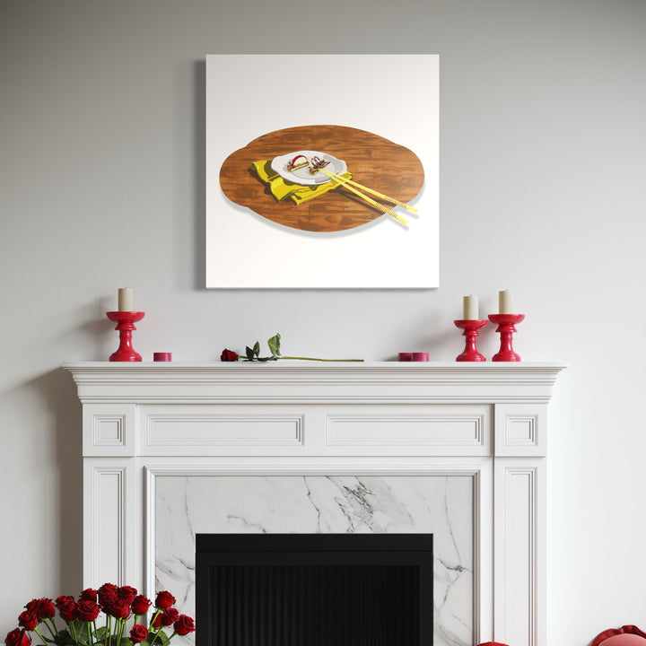 The artwork 'Eating Animals Snack Bugs' by Lori Larusso depicts a circular wooden cutting board with a sardine tin and yellow napkin, rendered in hyper-realistic acrylic paint on polymetal panel. The composition features crisp edges and bold details, showcasing a minimalist approach to still life against a stark white background. By Lori Larusso.