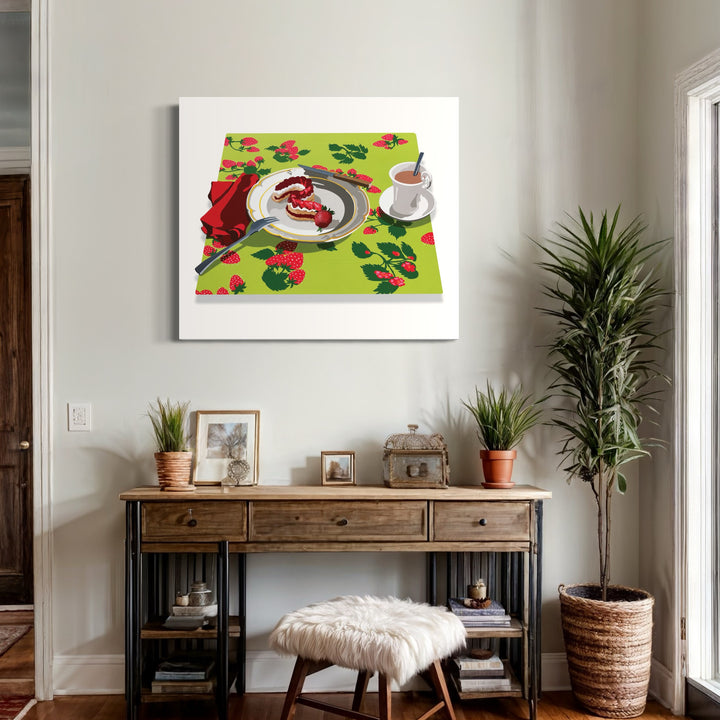 The artwork 'Eating Animals Strawberry Short Snake' by Lori Larusso depicts a vibrant still life scene featuring a plate with red dessert on a lime-green floral tablecloth with scattered strawberries and leaves. A white coffee cup sits alongside, rendered in a bold, stylized pop art aesthetic on a cut-out polymetal panel with acrylic paint.