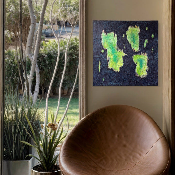 The artwork 'numero 55' by Roberto A Godinez features vibrant green abstract forms floating on a deep navy blue textured background. The oil painting showcases organic, cloud-like shapes with varying intensities of emerald and lime green hues, creating a striking contrast against the dark canvas. The 36x36 inch artwork displays a contemporary abstract style with expressive brushwork and dynamic composition by Roberto A Godinez.