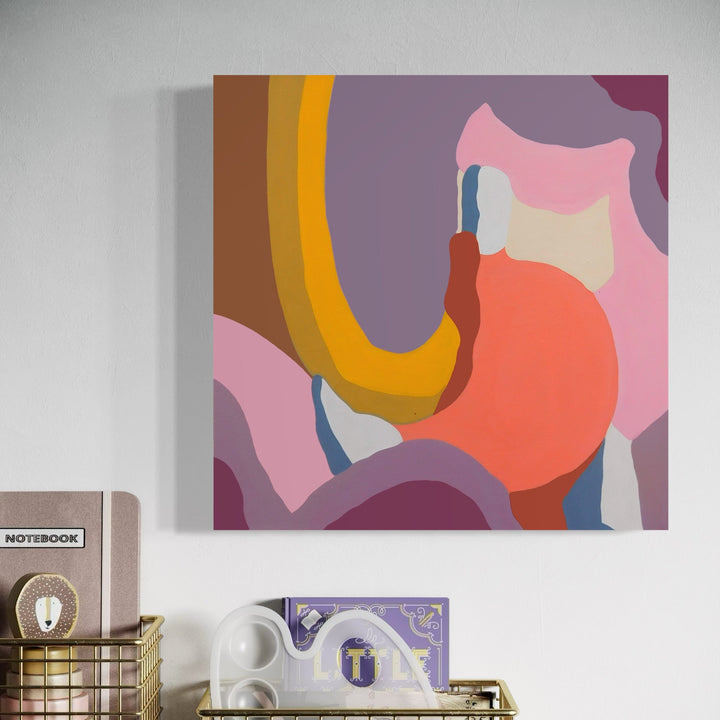 The artwork 'Sanguine' by Ellannah Sadkin features fluid, organic shapes in a harmonious color palette of coral, pink, mauve, yellow, and brown. Abstract curved forms flow across the square canvas, creating a dynamic composition of interlocking elements. The acrylic painting showcases smooth color transitions and bold contemporary design on a 16x16 inch canvas.