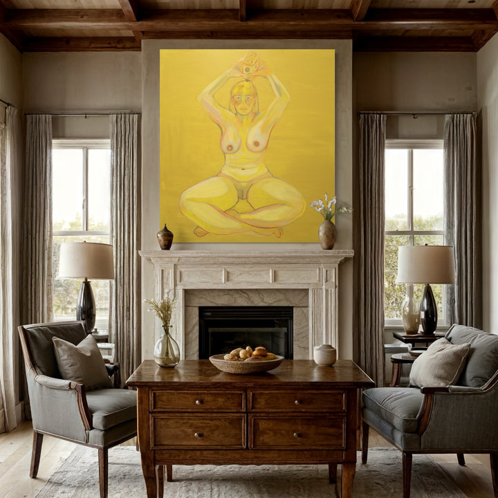 The artwork 'The Anointing' features an abstract figure rendered in monochromatic yellow tones, centered on a vibrant yellow background. The oil painting depicts a seated form in a meditative pose, capturing spiritual essence through minimalist composition. Displayed above an elegant fireplace in a contemporary living space. Art by Chelsie Sunde.