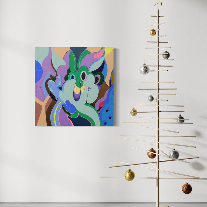 The artwork 'initiis novis' by Ellannah Sadkin features a whimsical abstract composition with curved organic shapes in vibrant pastel tones of mint green, lavender, sky blue, and peach. The playful design resembles a cartoonish character with fluid, flowing lines against a multicolored background, painted in acrylic on a 19.5-inch square canvas.