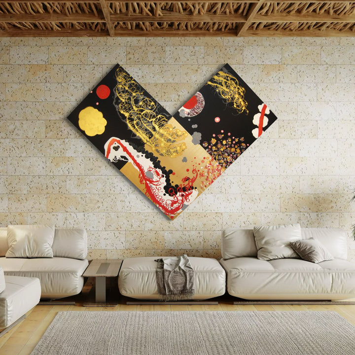 The artwork 'Valences of Ascendancy' by Eric Jiaju Lee features a striking V-shaped triptych composition with abstract patterns in gold, red, and black on silk and satin. Dynamic swirling designs and circular elements create a bold contrast against the dark background, showcasing a fusion of contemporary abstract art with traditional Asian aesthetics by Eric Jiaju Lee.