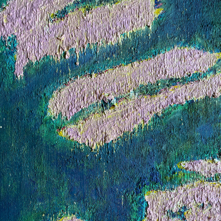 The artwork 'Number 52' by Roberto A Godinez features dynamic brushstrokes of lavender and white streaming across a deep teal background, creating an abstract composition with rich textural elements. The oil painting demonstrates expressive impasto technique, with thick paint application revealing dramatic movement and ethereal qualities on canvas.