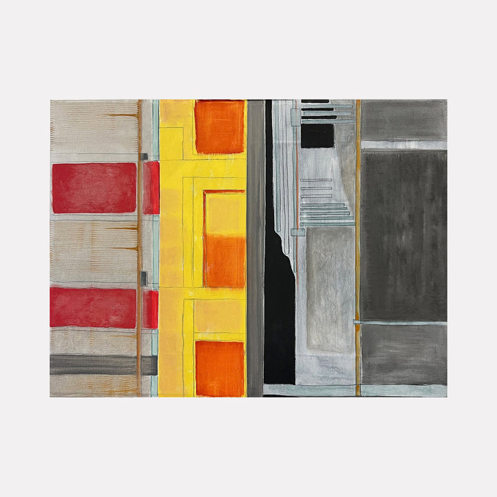 The artwork 'No Exit' by Cora Jane Glasser features geometric abstract composition with vertical bands of vibrant yellow, orange, and red against muted gray and beige tones. Bold rectangular shapes create a structured pattern, while textured brushstrokes in oil paint add depth and dimension on stretched canvas. 30x40 inches. By Cora Jane Glasser.