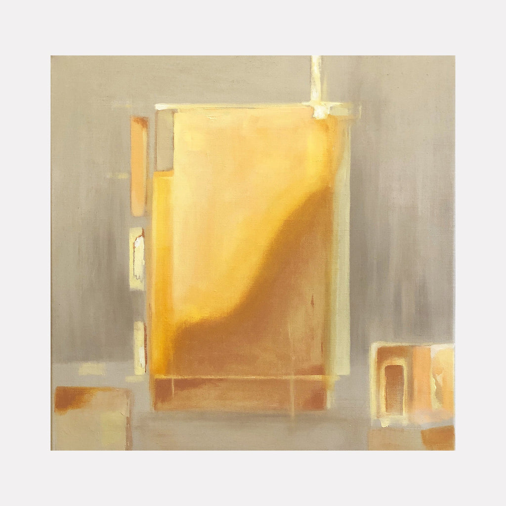 The artwork 'Sunset in the East -4' by Cora Jane Glasser features abstract geometric shapes in warm amber and golden tones against a misty grey background. The central rectangular form glows with luminous yellow, suggesting sunlight through windows, while smaller architectural elements in muted orange create depth. Oil on canvas, 20x20 inches.