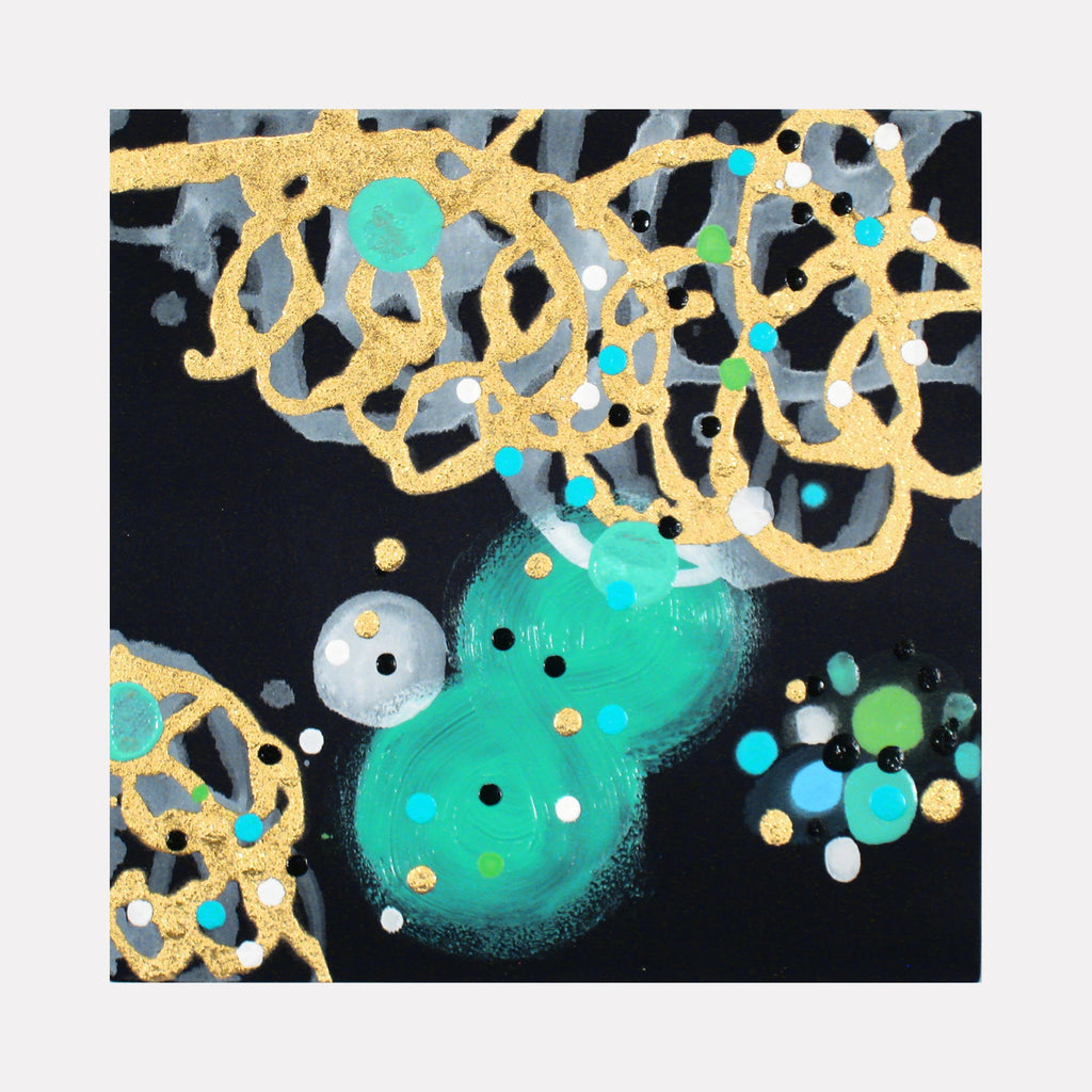 The artwork 'Darling Derring-Do' features abstract swirling patterns in metallic gold intertwining with vibrant turquoise circular forms against a deep black background. Delicate dots in white, blue, and gold create a dynamic constellation effect, while the acrylic paint on silk gives a luminous, ethereal quality. By Eric Jiaju Lee