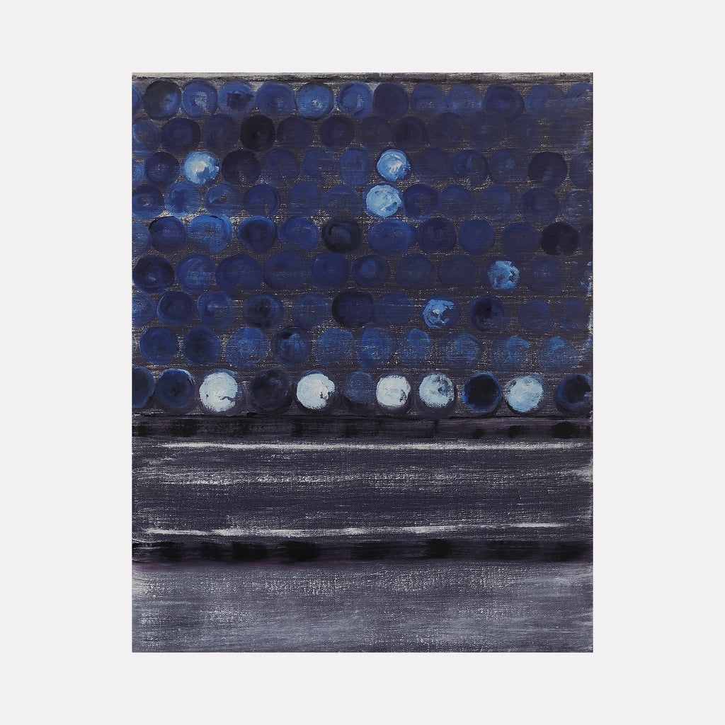 The artwork 'Vault Lights (Time Lapse-6)' features a grid of circular patterns in deep navy blues and black, with luminous pale blue orbs scattered throughout, set against a moody gray horizontal base. The oil painting on linen creates a textural, atmospheric effect suggesting urban nighttime illumination. By Cora Jane Glasser.