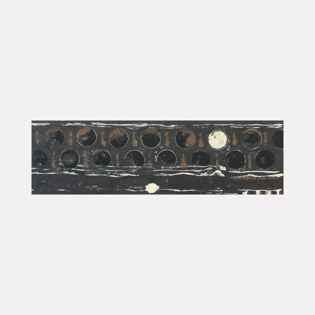 The artwork 'Vault Lights (Treads & Risers-2)' by Cora Jane Glasser features a horizontal composition of circular patterns in dark tones, reminiscent of industrial vault lights. The encaustic and oil painting on birch panel showcases a series of weathered black circles with rusty undertones, creating a textural, architectural study that evokes historic sidewalk prism lights.