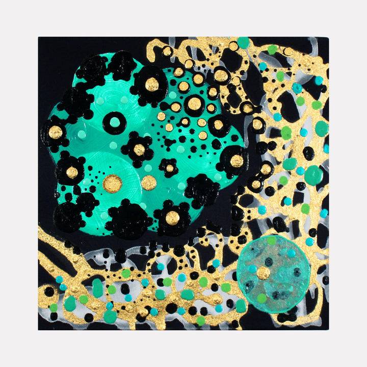 The artwork 'Cognition' by Eric Jiaju Lee features a dynamic abstract composition on silk with vibrant turquoise circular formations against a black background, accented with metallic gold patterns and dotted textures. Organic shapes flow across the 12x12 inch surface, creating a cosmic-like atmosphere with scattered elements and fluid acrylic brushwork by Eric Jiaju Lee.