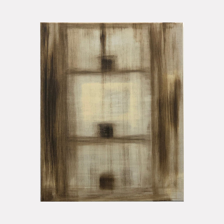 The artwork 'Holding Patterns-1' by Cora Jane Glasser features abstract vertical and horizontal forms in muted sepia and cream tones. Oil on stretched linen creates a soft, atmospheric effect with blurred geometric shapes suggesting a window or architectural elements through a misty veil. Dark brown brushstrokes frame lighter central panels, creating depth and movement.