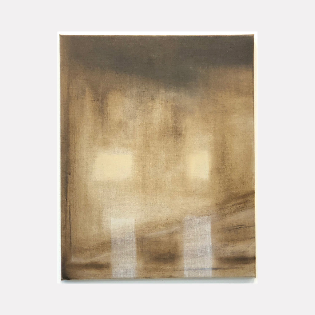 The artwork 'Holding Patterns-2' by Cora Jane Glasser features ethereal vertical rectangles emerging through a misty sepia atmosphere, painted in oil on linen. The composition creates a contemplative abstract landscape with soft transitions between light and shadow, showcasing gentle brushwork and atmospheric depth.