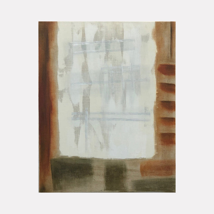 The artwork 'Holding Patterns-3' by Cora Jane Glasser features abstract geometric composition with vertical bands in rich earth tones and muted blues. Oil on stretched linen painting showcasing layers of translucent brushstrokes, with rust browns framing a misty central area, creating depth through subtle color transitions. Contemporary abstract expressionist style, 20 x 16 inches.