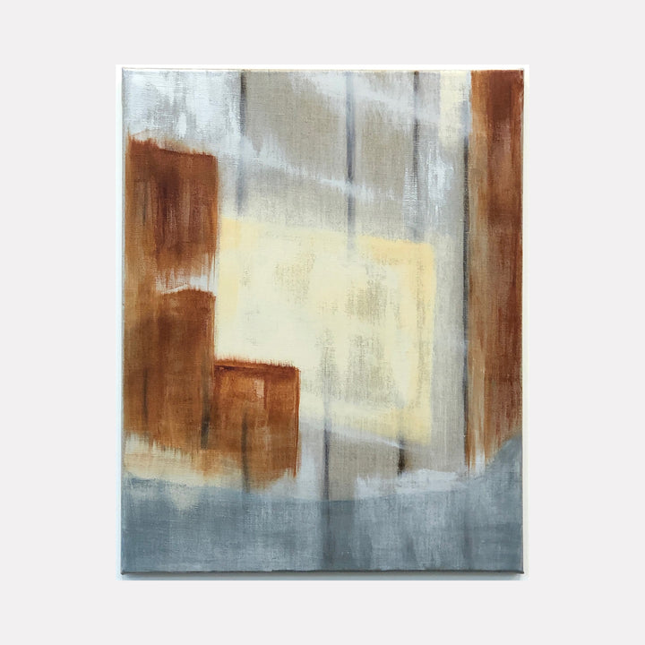 The artwork 'Holding Patterns-4' by Cora Jane Glasser features abstract geometric shapes in rich brown and soft cream tones against a misty gray background. The oil painting on stretched linen showcases angular forms with blurred edges creating a sense of architectural depth and movement through layered brushstrokes.