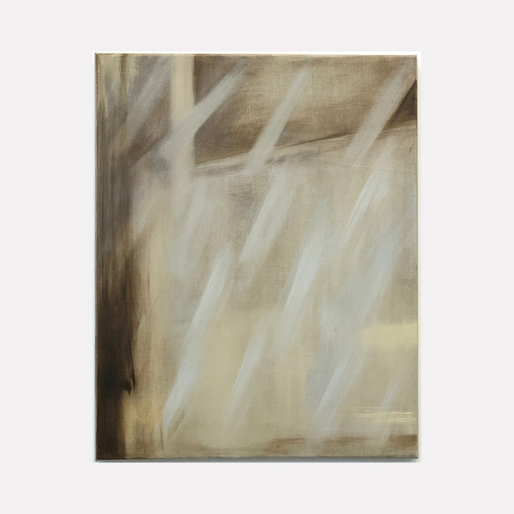 The artwork 'Holding Patterns-5' by Cora Jane Glasser features diagonal white brushstrokes cutting through a neutral beige and brown background. The oil on linen painting creates an abstract composition with dynamic movement, combining soft and bold strokes in a minimalist style, framed in a contemporary manner.