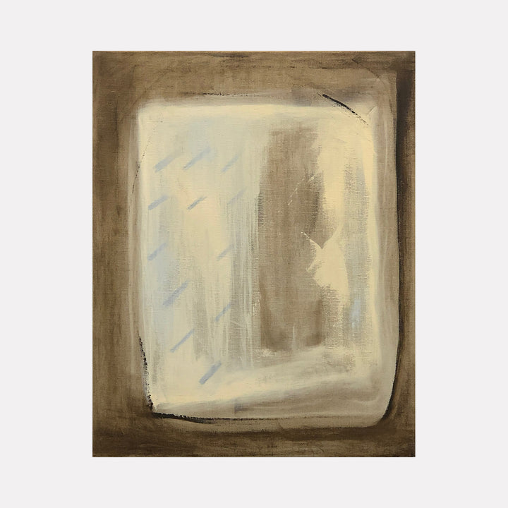 The artwork 'Holding Patterns-6' by Cora Jane Glasser features a minimalist abstract composition with soft beige and brown tones framing a luminous central rectangle. Gentle brushstrokes in pale blue and cream create ethereal movement within a warm earthen border, painted in oil on stretched linen.