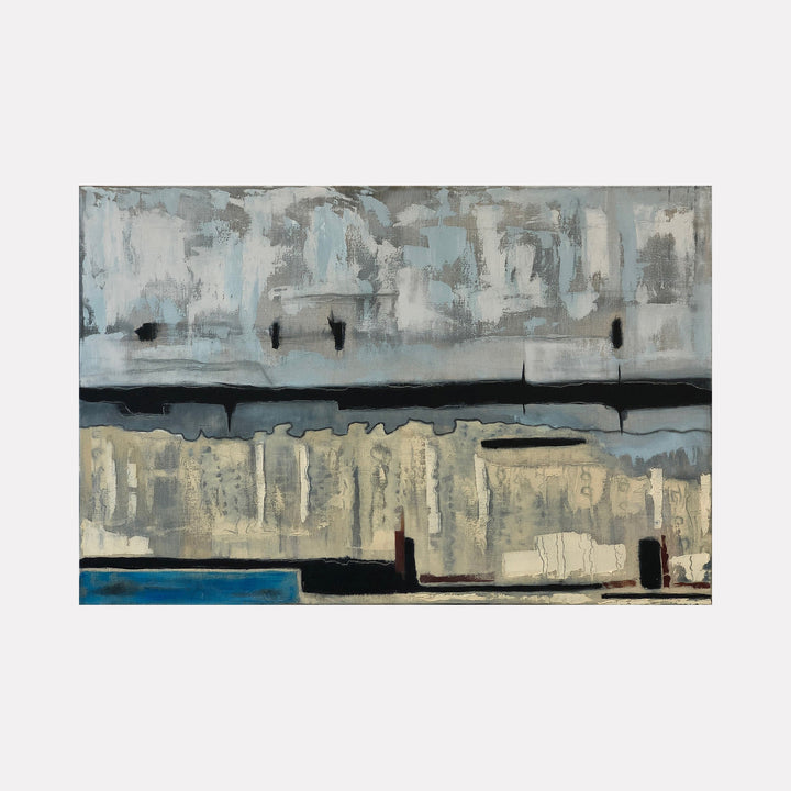 The artwork 'Holding Patterns-7' by Cora Jane Glasser features abstract horizontal layers in muted tones. A stormy gray-blue sky hovers above a thick black dividing line, while below, weathered beige and cream sections are punctuated by deep blue accents. Oil on linen creates rich textural effects, suggesting an urban landscape in atmospheric abstraction.