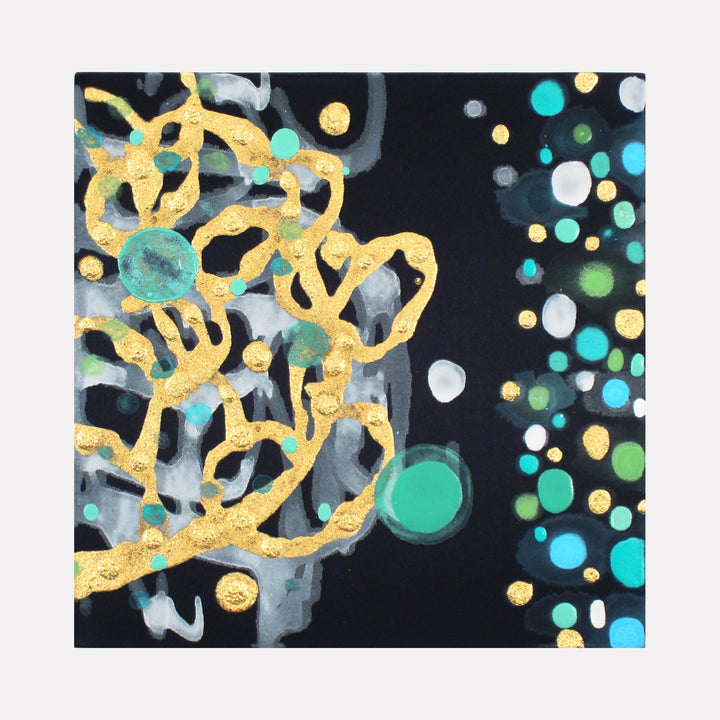 The artwork 'Froth Forth' by Eric Jiaju Lee features an abstract composition with luminous golden swirling patterns against a dark background, complemented by scattered turquoise, mint green, and yellow circular forms. Painted in acrylic on silk, the piece creates a dynamic interplay of organic shapes and ethereal bokeh effects.