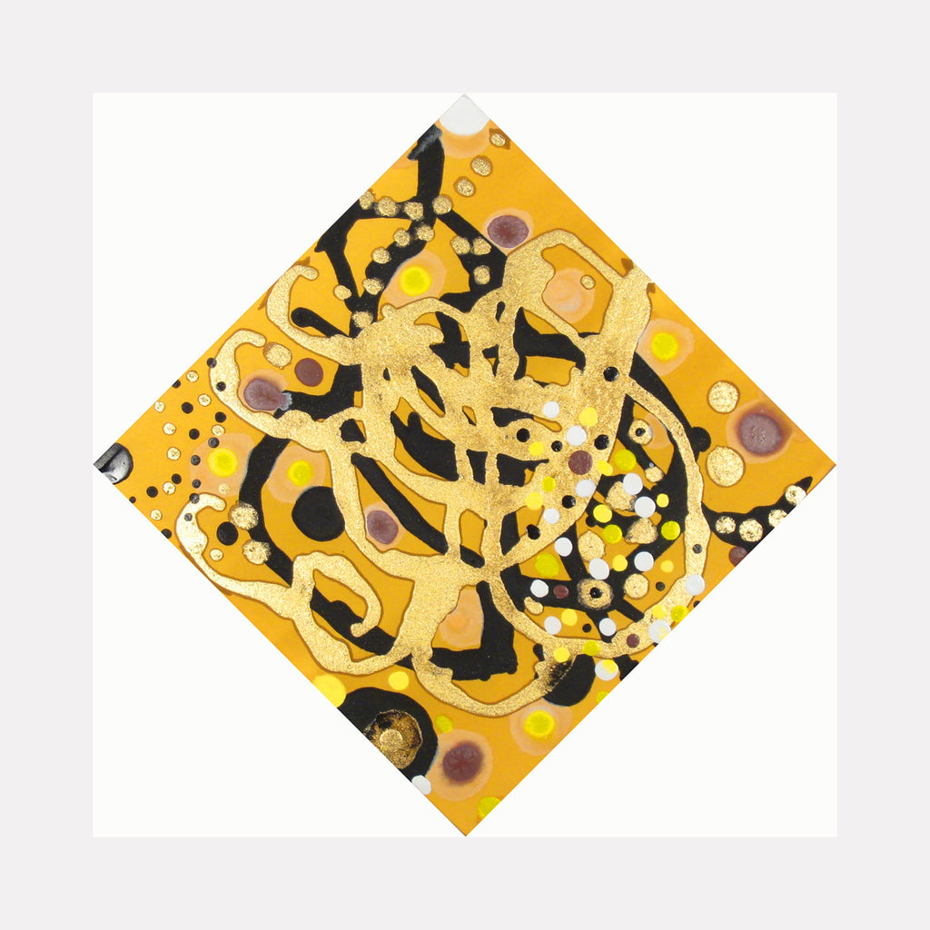 The artwork 'Hello Helios' by Eric Jiaju Lee features abstract organic shapes in vibrant yellow and gold against a black background, arranged in a diamond composition. Fluid, interweaving lines create a dynamic pattern reminiscent of solar flares, complemented by metallic dots and circular forms. Painted in acrylic on silk, the 17x17 inch piece exhibits a luminous, celestial quality.